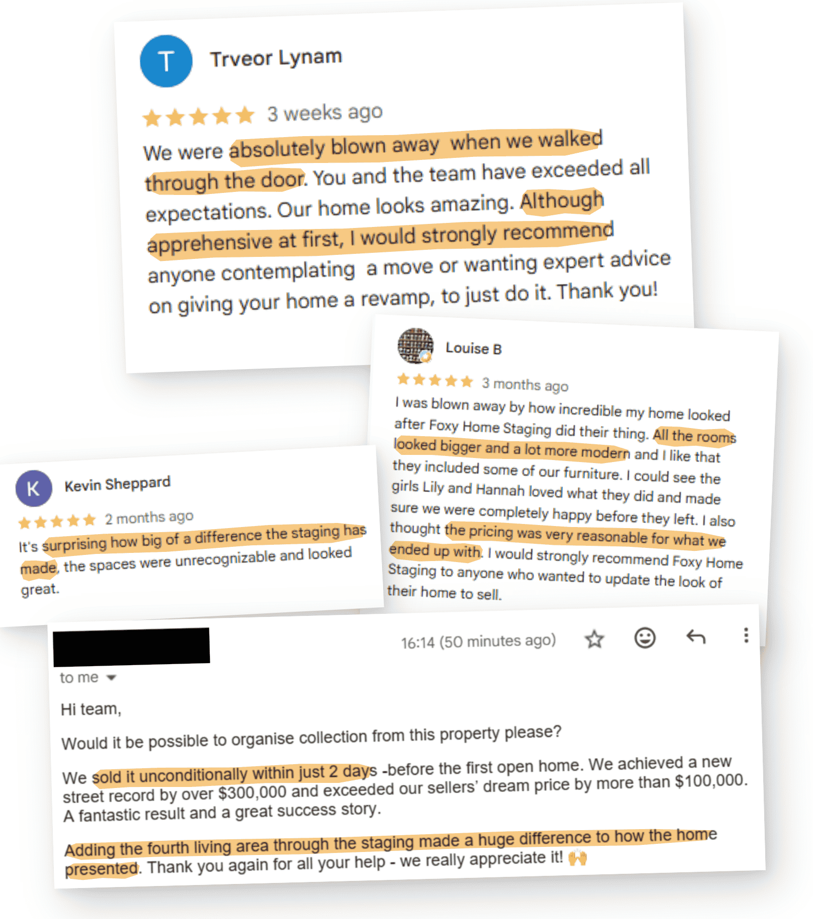 Four five star Google reviews and a client email about Foxy Home Staging